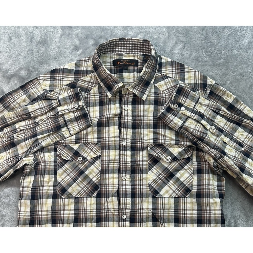 Ben Sherman Mens Sz L Shirt Long Sleeve Button Snap Plaid Brown Western Cotton
